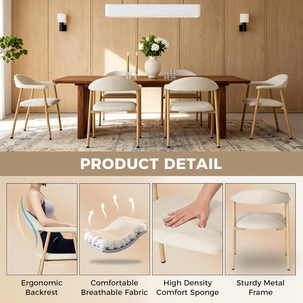 DUMOS Dining Chairs Set of 2, Linen Fabric Upholstered Kitchen Side Chairs with Curved Backrest & Metal Legs, Modern Farmhouse Accent Chairs for Dining Room Kitchen Living Room Cafe, Beige