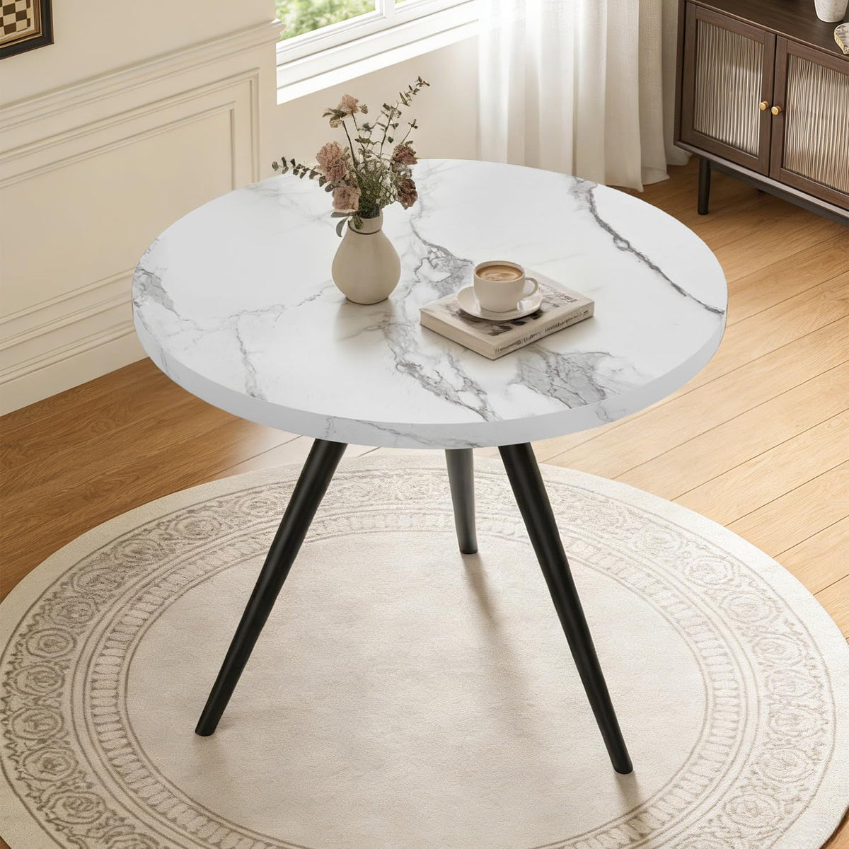 34.6" Round Dining Table for 4 People, Modern Kitchen Coffee Table White | Space-saving MDF Top, Tapered Legs & Thickened Edge, Sturdy & Seamless, Small Table Great for Dining Room, Office, Apartment