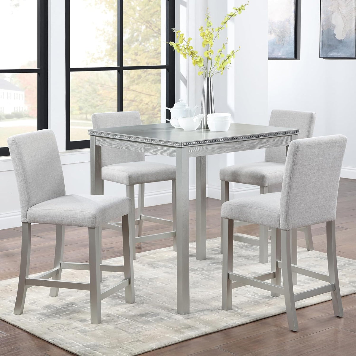 LUMISOL Wood Square Dining Table for 4, Farmhouse Counter Height Kitchen Table for Small Space, No Included Chairs, Silver Grey