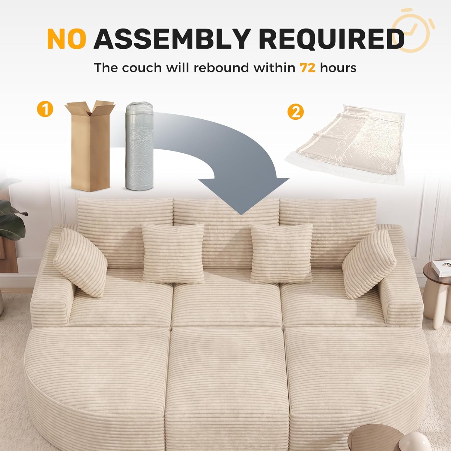 120" Oversized Round Sofa Bed, Modular Sectional Cloud Couches for Living Room, Convertible Corduroy Couch Sleeper Sofa Set, No Assembly Required, Khaki 1 PCS
