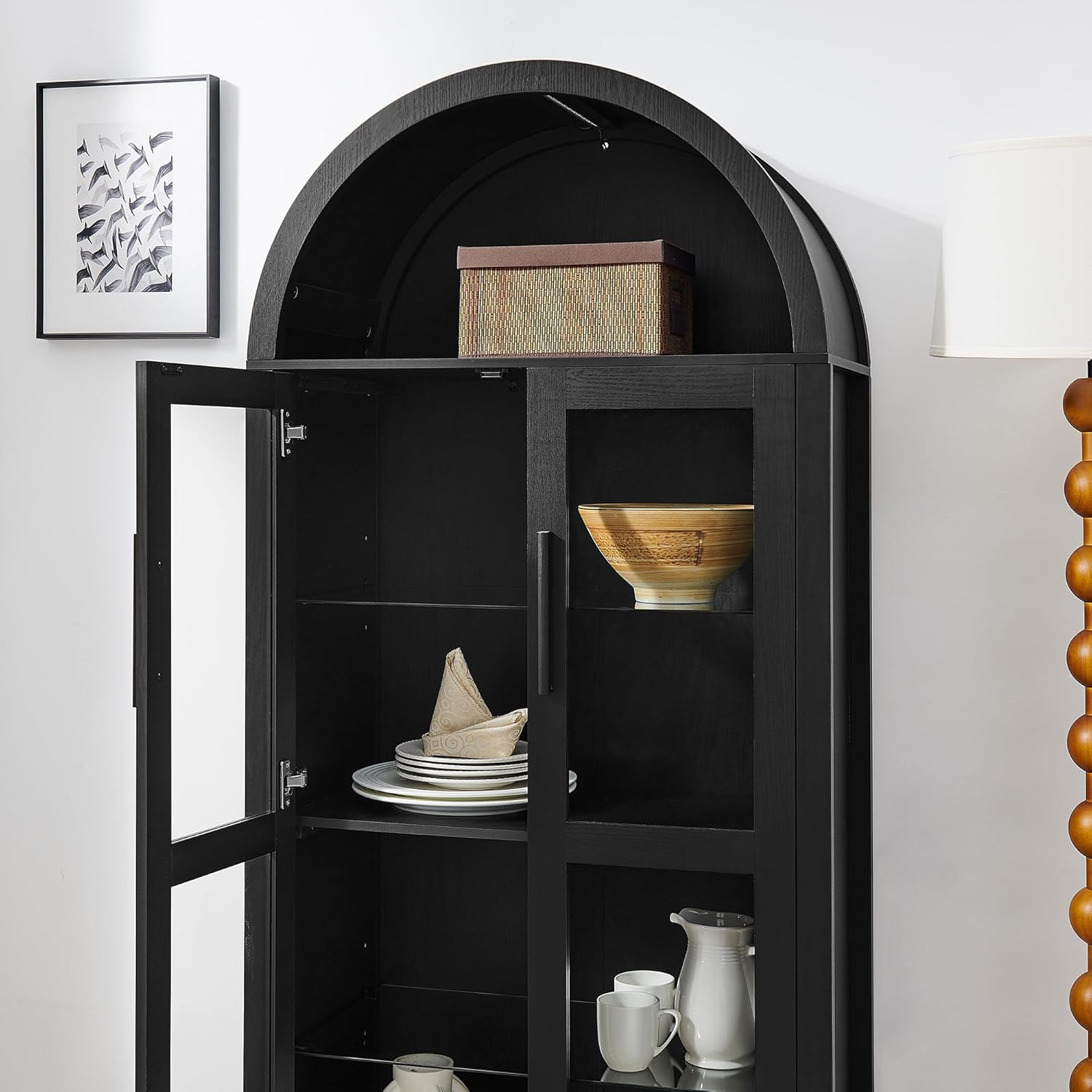 67" Arched Cabinet with Glass Doors: Pantry Cabinets for Kitchen Storage,Modern Retro Style Wooden,Book Display Shelf with Adjustable Glass Partitions & Light - for Kitchen,Entryway.Black