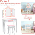 Kids Vanity with Lights, Princess Girls Vanity Set with 3-Color LED Lighted, 2 in 1 Wooden Toddler Vanity Table & Chair Set Mirror and Stool for Little Girls