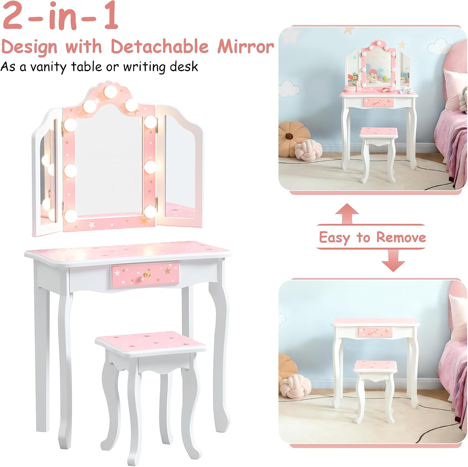 Kids Vanity with Lights, Princess Girls Vanity Set with 3-Color LED Lighted, 2 in 1 Wooden Toddler Vanity Table & Chair Set Mirror and Stool for Little Girls