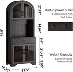 Arched Kitchen Pantry Storage Cabinet, Black Wooden Coffee Bar Cabinet with Drawers, Kitchen Hutch Dining Room Storage Cabinet with Charging Station and LED Light, Kitchen Hutch with Countertop