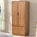 Jluomei Armoire Wardrobe Closet with Doors, Wardrobe Cabinet with 3 Drawers, Wooden Large Clothing Storage Cabinet with Hanging Rod and Shelf, Mid-Century Modern Tall Closet for Bedroom, Walnut