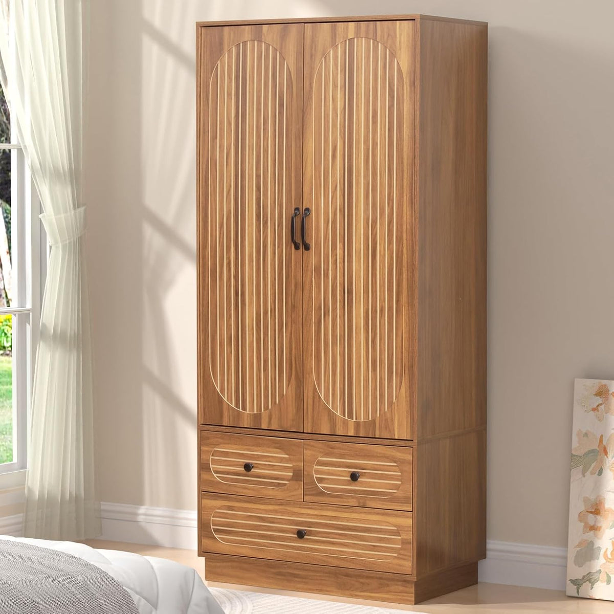 Jluomei Armoire Wardrobe Closet with Doors, Wardrobe Cabinet with 3 Drawers, Wooden Large Clothing Storage Cabinet with Hanging Rod and Shelf, Mid-Century Modern Tall Closet for Bedroom, Walnut