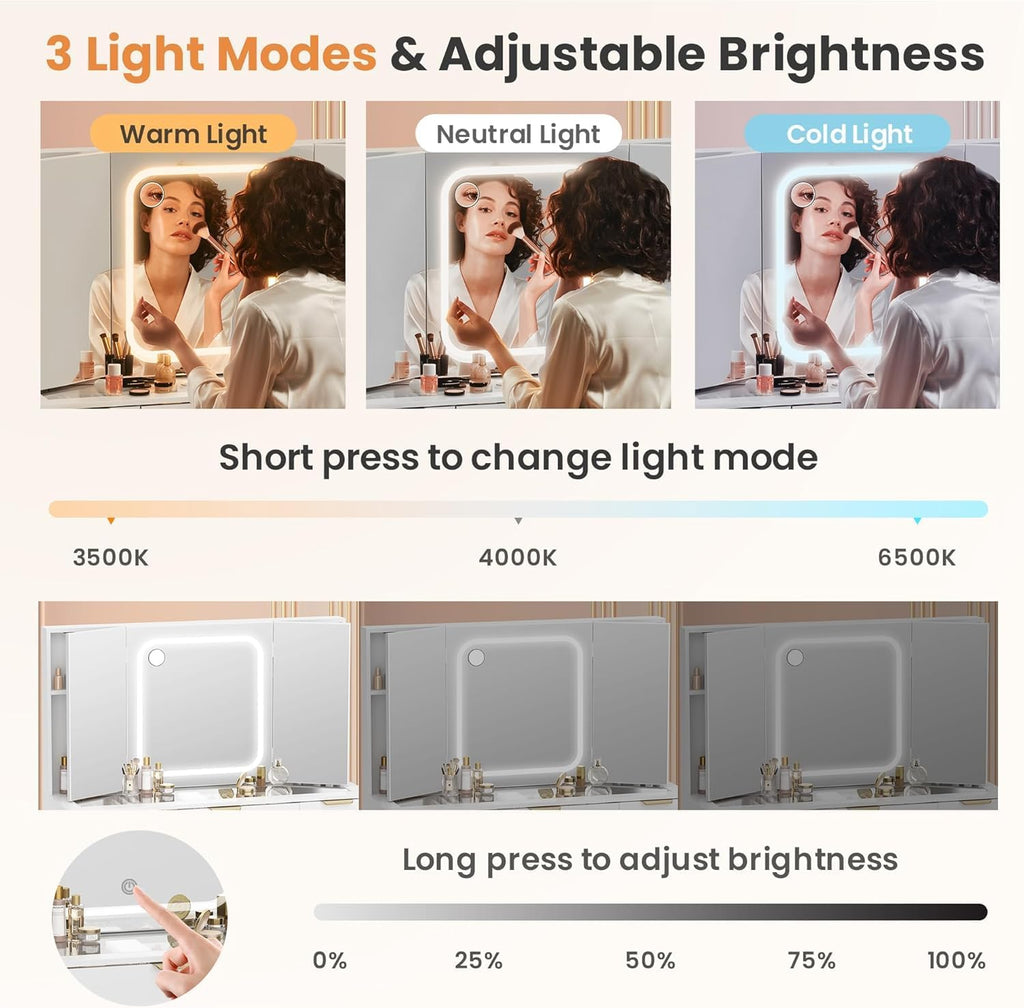 Pamapic Glass Top Vanity Desk with Foldable Mirror, 11 Drawers Makeup Vanity with LED Lighted Mirror, Power Outlet, 3 Lighting Modes Dressing Table with Golden Handles, White