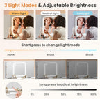 Pamapic Glass Top Vanity Desk with Foldable Mirror, 11 Drawers Makeup Vanity with LED Lighted Mirror, Power Outlet, 3 Lighting Modes Dressing Table with Golden Handles, White