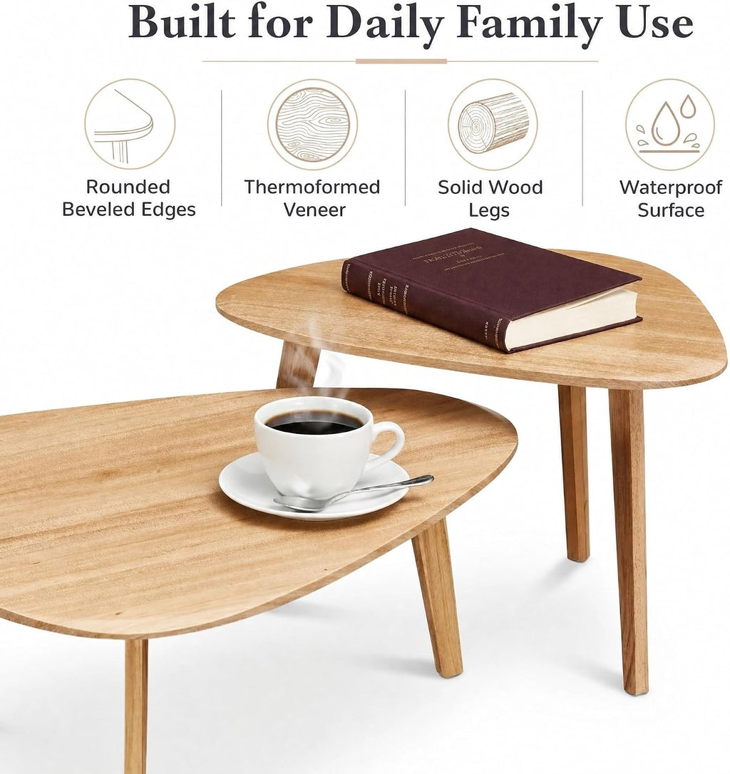 Nesting Coffee Table Set of 2-Mid Century Modern Coffee Table | Guitar Pick Stacking Tables with Solid Wood Legs,Small Coffee Tables for Small spaces,Living Room,Balcony