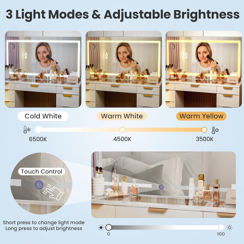 Pamapic Glass Top Vanity Desk with Mirror and Lights, 11 Drawers Makeup Vanity with Charging Station, Golden Handles Dressing Table, 3 Lighting Modes Makeup Table, White