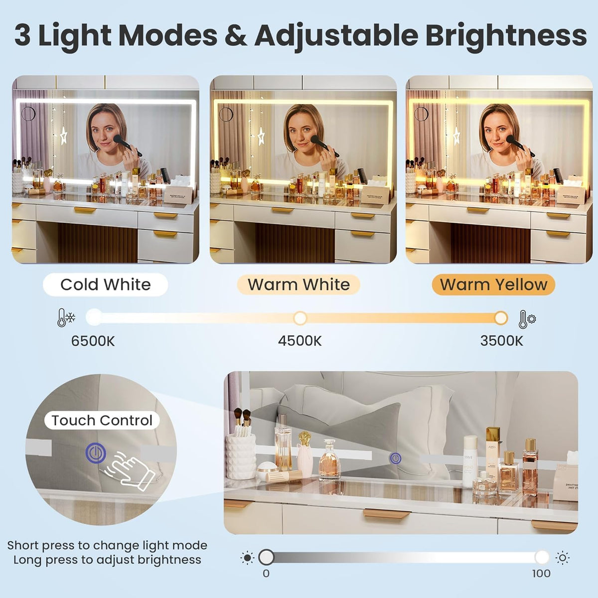 Pamapic Glass Top Vanity Desk with Mirror and Lights, 11 Drawers Makeup Vanity with Charging Station, Golden Handles Dressing Table, 3 Lighting Modes Makeup Table, White