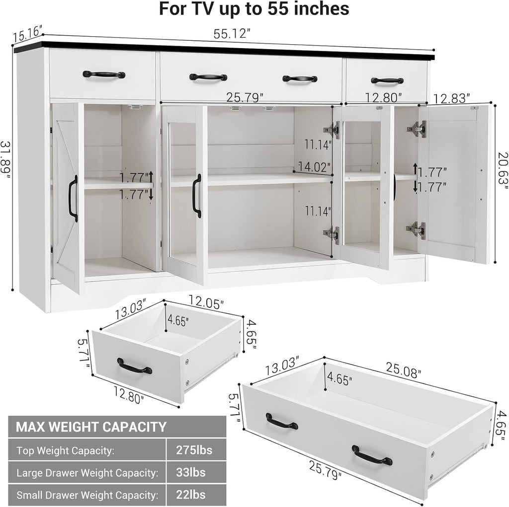 Homdox 55" Buffet Cabinet with Storage, Modern Farmhouse Sideboard with Adjustable Shelves and Glass Doors, Large Wood Coffee Bar Cabinet for Kitchen, Living Room, White