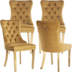 Velvet Dining Chairs Set of 4, Tufted Upholstered High Wingback Chairs with Nailhead Trim & Pull Ring, Golden Stainless Steel Legs for Dining Room, Sillas de Comedor, Gold