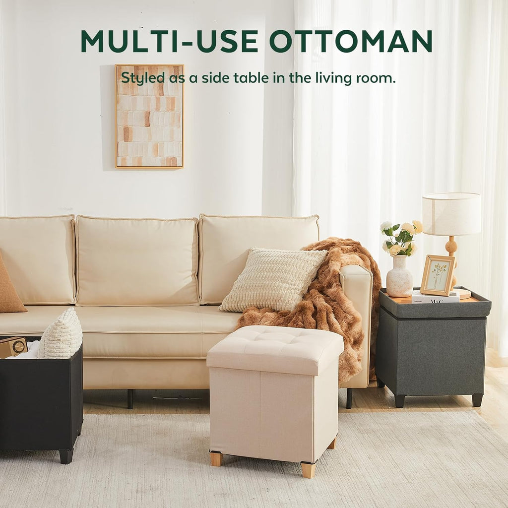 Ottoman with Storage, Square Storage Ottoman for Dorm, Linen Ottomans with Legs for Living Room, Bedroom, 17.7" D x 17.7" W x 19.9" H, Grey