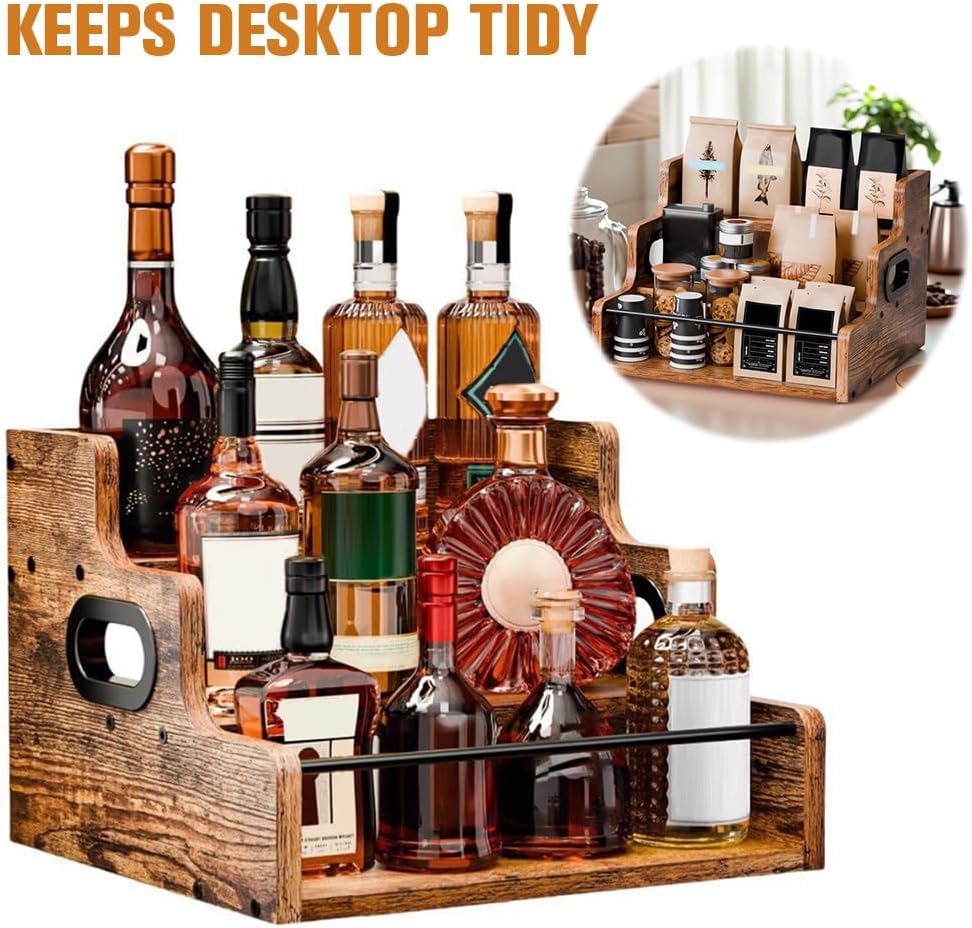 Liquor Bottle Display Shelf, Coffee Syrup Rack Organizer, 3 Step Countertop Liquor Wine Rack, mini bar,Liquor Cabinet, Home Retro Bar Shelf Stand for Liquor Whiskey,