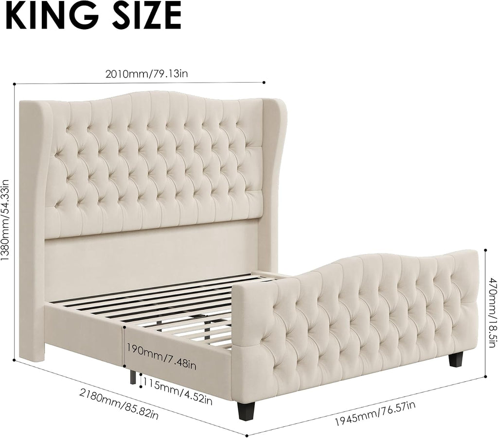 Keyluv King Size 54.3" Tall Bed Frame with Wingback Headboard & Footboard