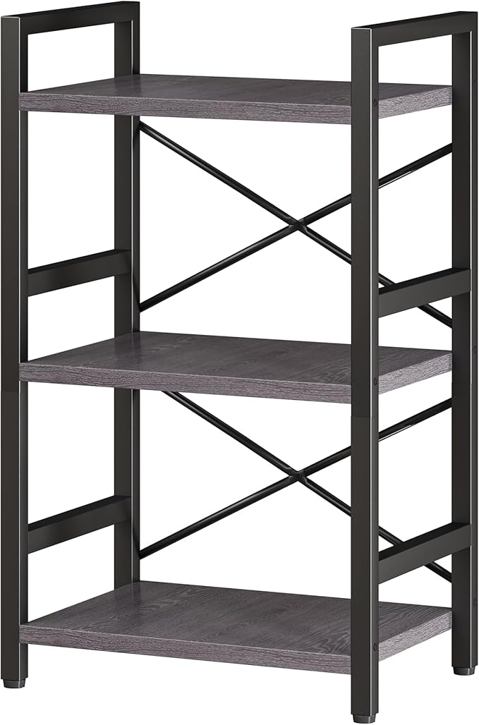 Homeiju Bookshelf, 3 Tier Industrial Bookcase, Metal Small Bookcase, Rustic Etagere Book Shelf Storage Organizer for Living Room, Bedroom, and Home Office(Grey) Patent Pending D29873033