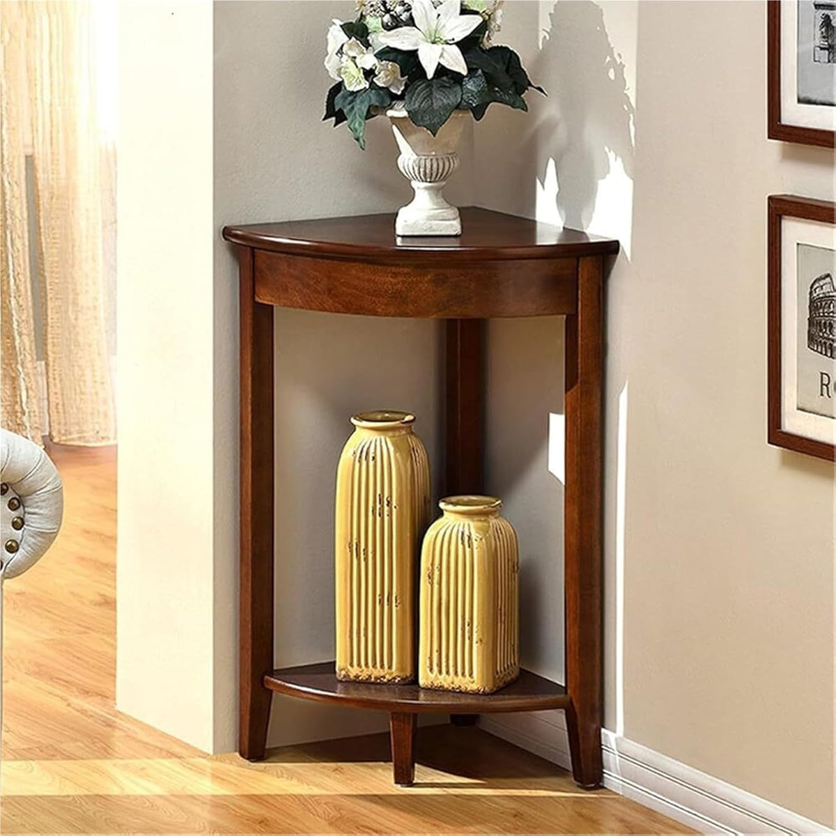 Home Furnishing Corner Tables Compact Triangle Solid Wood Side Table Corner Shelf Unit with 2 Shelves Sofa Accent Table for Small Space Little Corner(Brown)