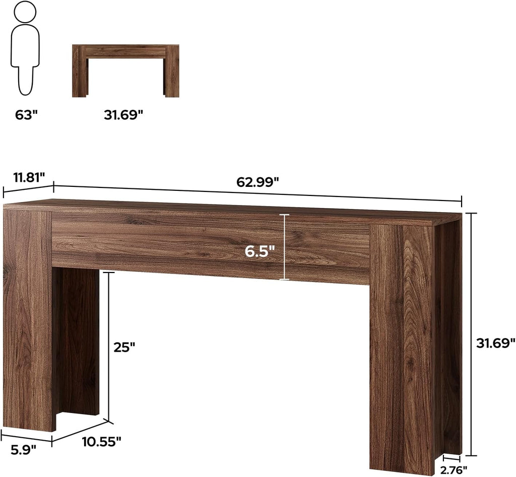 UNIQUITE 63-Inch Long Console Table with RGB LED Lights, Extra Wide and Thick Sofa Table Behind Couch, Farmhouse Entryway Table for Entrance, Hallway, Living Room, Brown