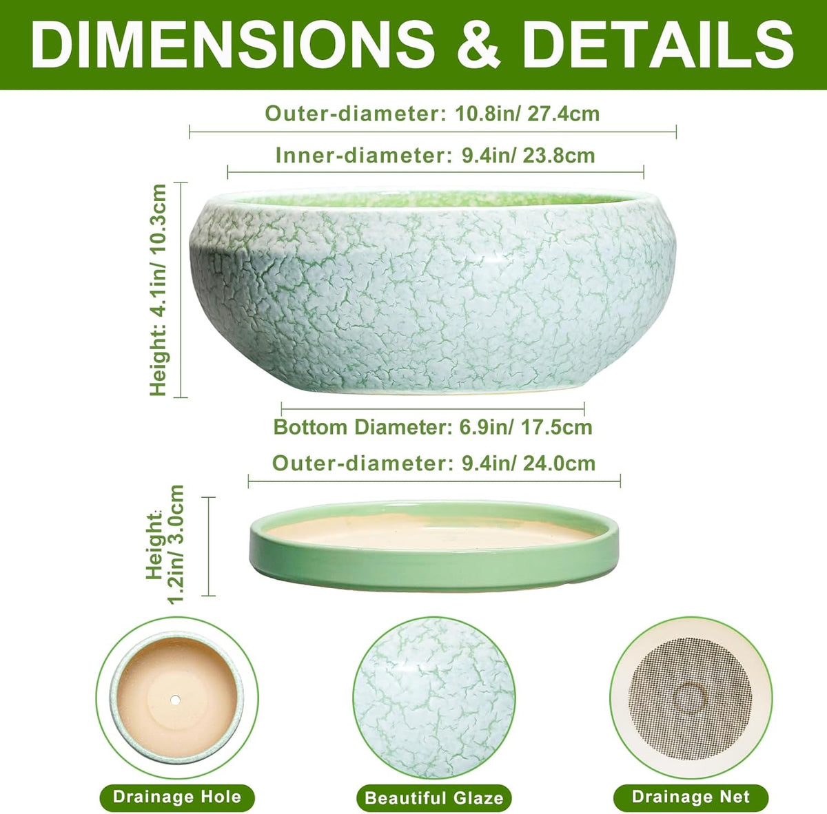 Bonsai Pots - 10 Inch Ceramic Succulent Pot with Drainage Hole and Plant Saucer, Succulent Planters for Indoor Outdoor, Round Planter Bowl, Shallow Planter, Home Decor, Gardening Gift, Green