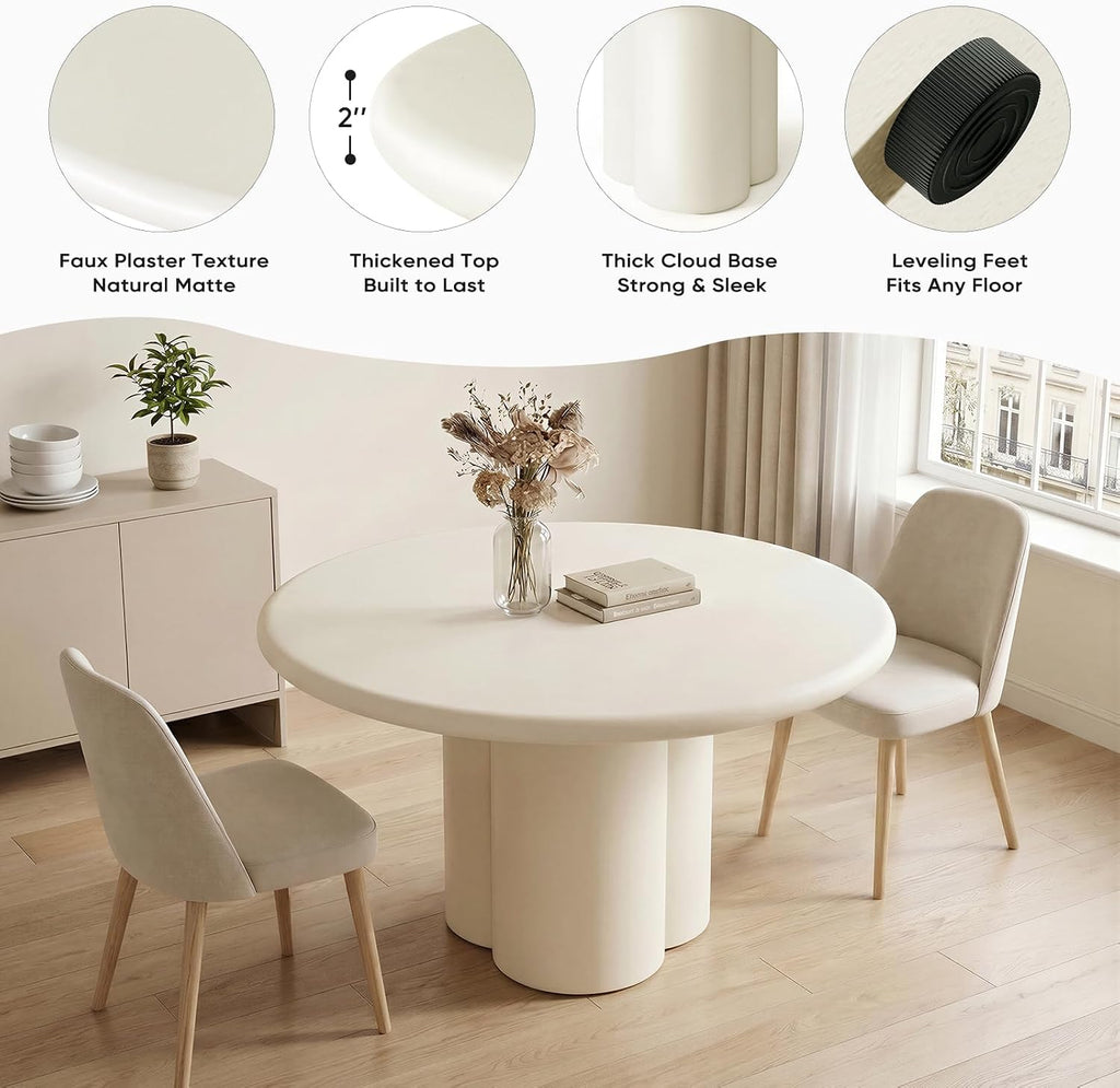 45-Inch Thick Concrete Dining Table for 4. Unique Cloud-Shaped Base, Sturdy Durable Easy-to-Clean Dinner Table. Modern White Round Dining Table Suitable for Dining Room Living Room Apartmen