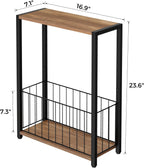 Homleke Narrow Side Table with Magazine Holder, Skinny End Table Perfect for Small Spaces, Space-Saving Design for Living Room, Bedroom, or Office, 7.1" D x 16.9" W x 23.6" H, Rustic Walnut