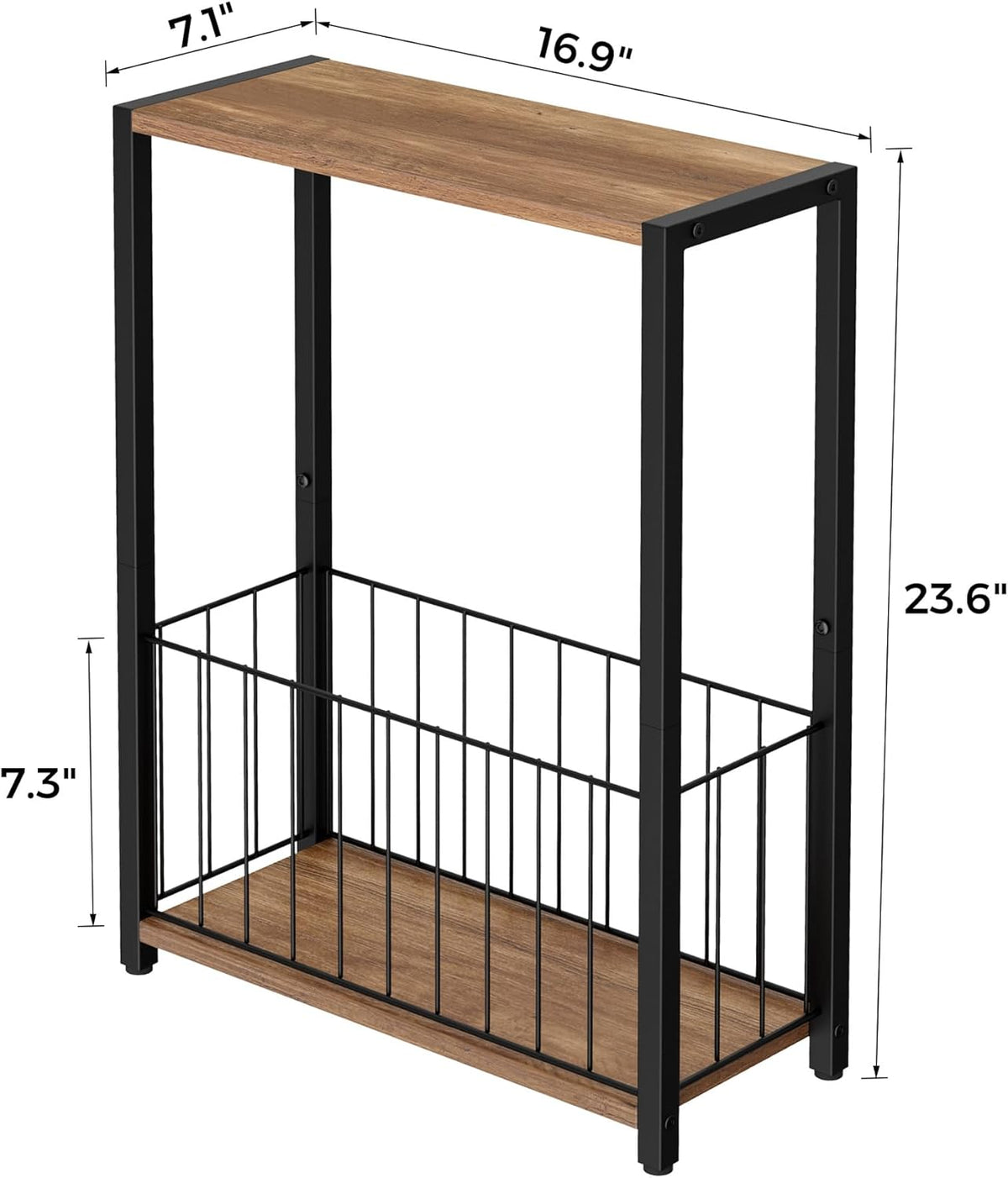 Homleke Narrow Side Table with Magazine Holder, Skinny End Table Perfect for Small Spaces, Space-Saving Design for Living Room, Bedroom, or Office, 7.1" D x 16.9" W x 23.6" H, Rustic Walnut