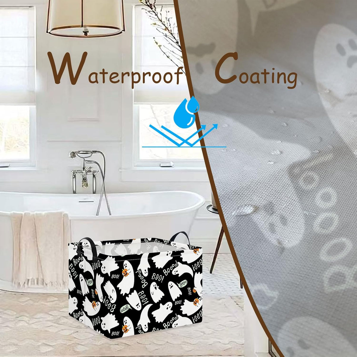 NTAO Gift Storage Basket Empty for Halloween, Storage Bin with Handles, Room Decor, Book Box(Black Ghost Boo)