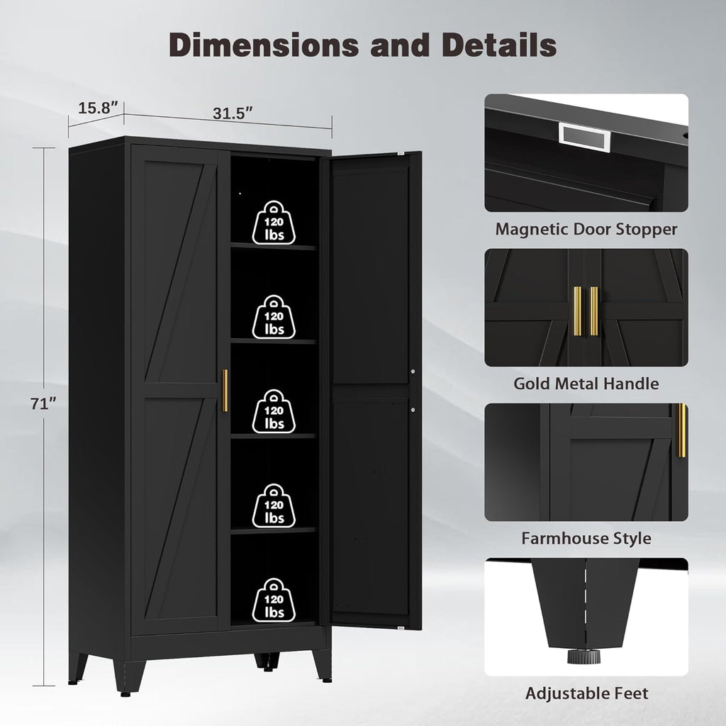 71" Tall Metal Pantry Cabinet, Kitchen Storage Cabinet with 2 Doors and 4 Adjustable Shelves for Kitchen, Living Room, Dining Room, Bathroom and Home, Office (Black, 1PC)