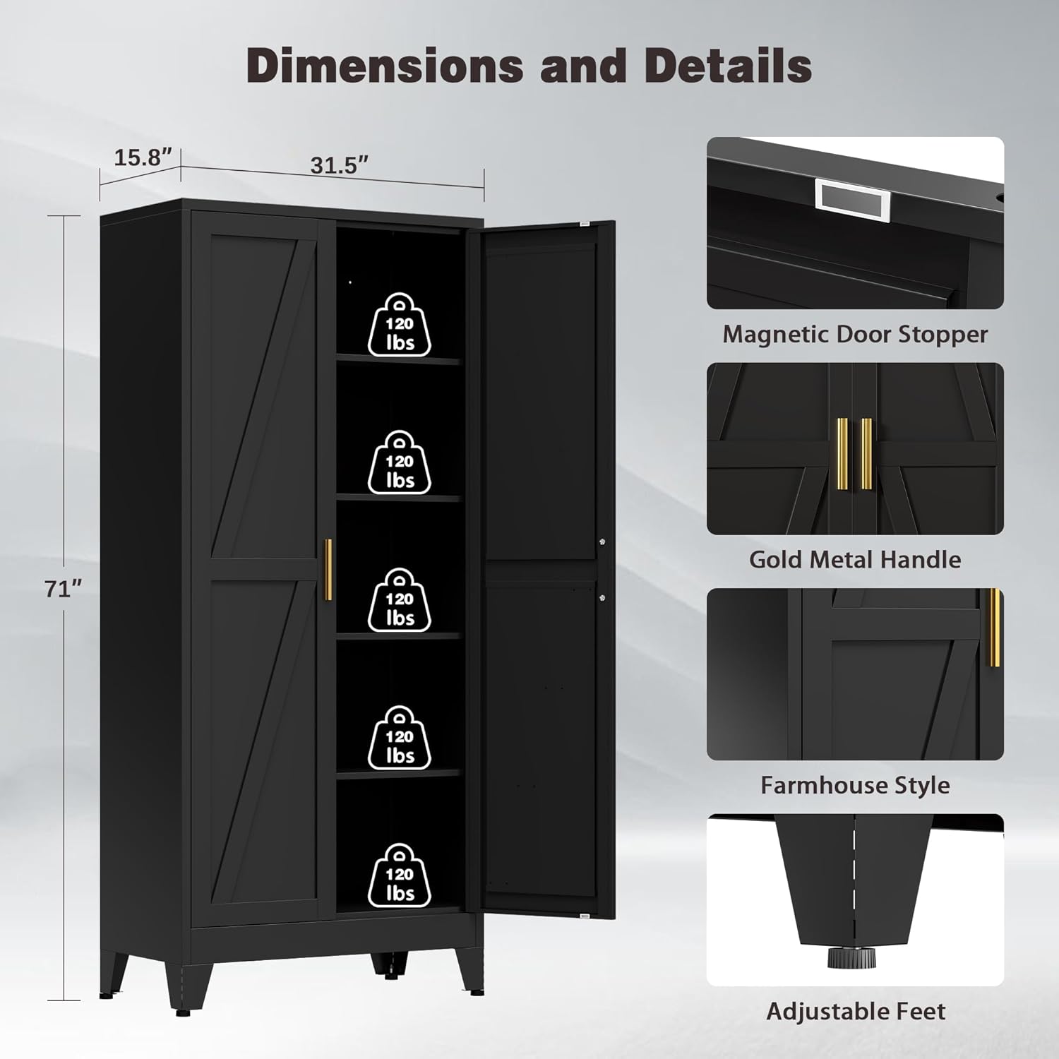 71" Tall Metal Pantry Cabinet, Kitchen Storage Cabinet with 2 Doors and 4 Adjustable Shelves for Kitchen, Living Room, Dining Room, Bathroom and Home, Office (Black, 1PC)