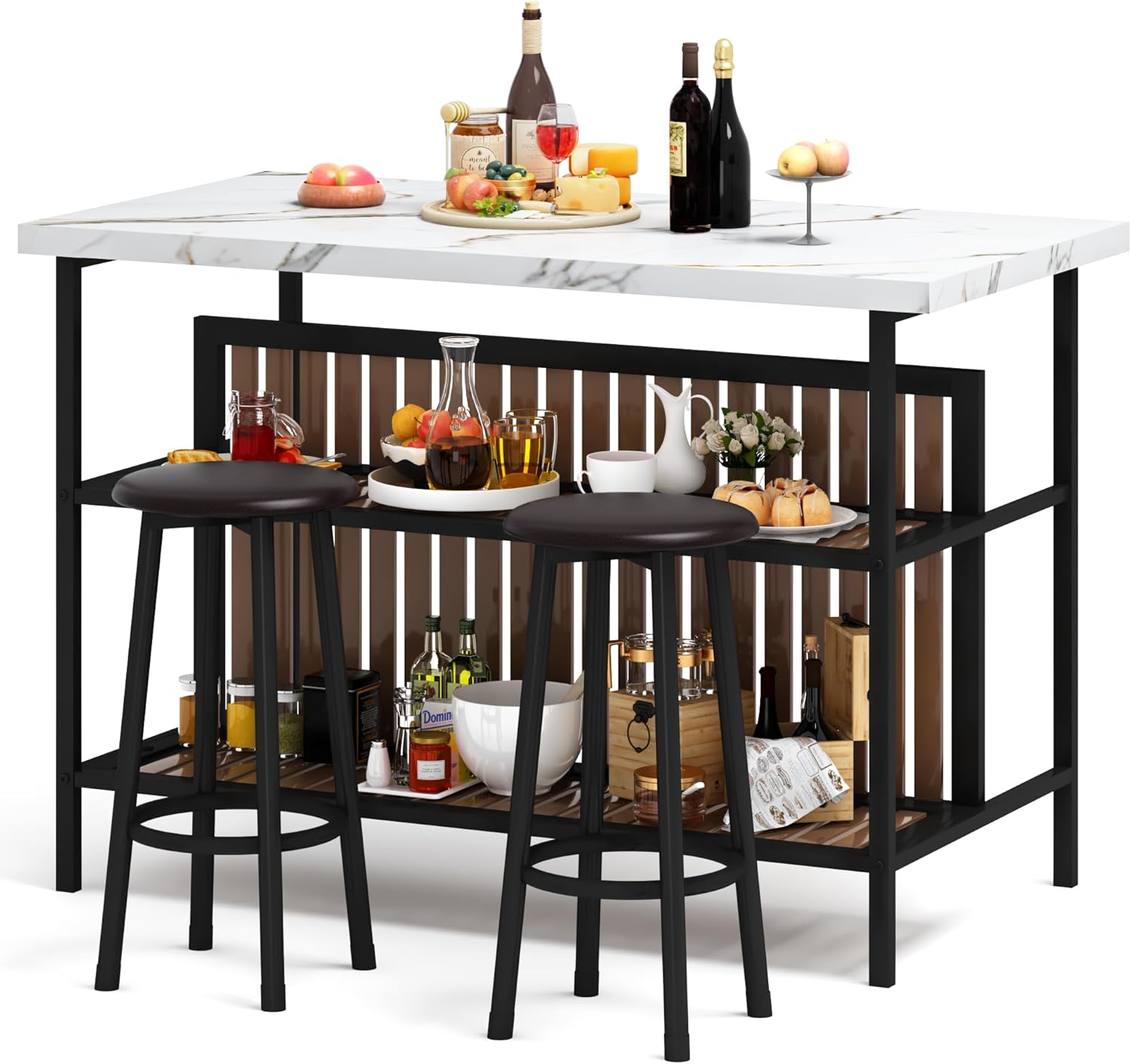 DKLGG Kitchen Island with Stools & Storage, Modern Dining Table Set for 2, 3 Piece Kitchen & Dining Room Sets Island Table for Small Space, Apartment, Home Bar, White