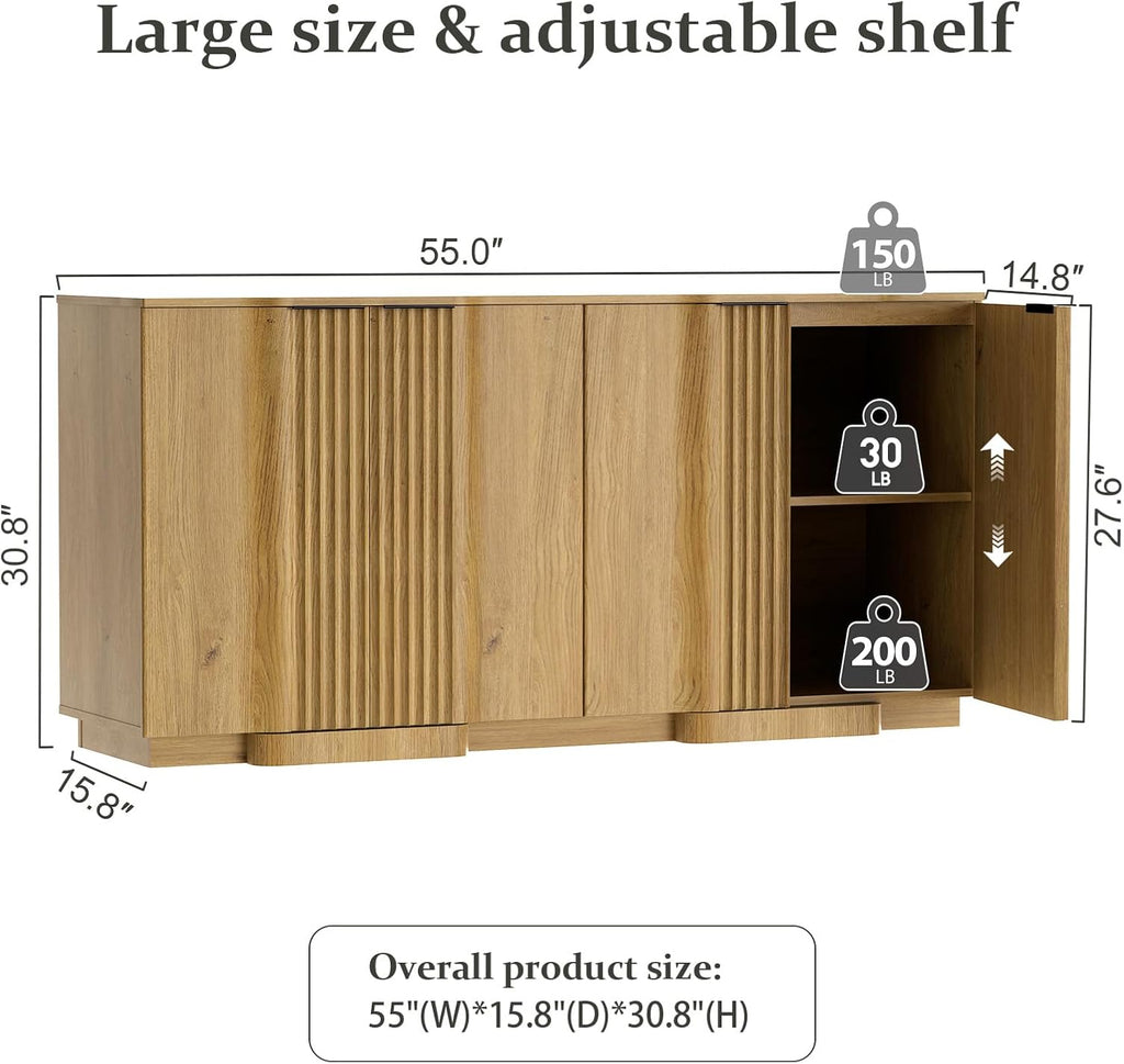 Yechen Buffet Cabinet with Storage, 55" Accent Sideboard Modern Credenza with Doors & Adjustable Shelves Fluted Media Console Wood Coffee Bar Table for Living Kitchen Dining Room