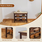 Bamboo Entryway Bench with Woven Rattan Seat, 2-Tier Shoe Storage Bench for Hallway & Entryway, 23.62 inches Walnut