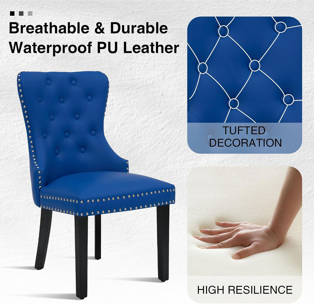 adochr PU Leather Dining Chairs Set of 2, Tufted Upholstered Dining Room Chair with Pull Ring & Solid Wood Legs, Blue