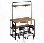 Kitchen Microwave Stand Coffee Bar Table with Storage, Natural | Small Kitchen Island with Power Outlet, 2 Bar Stools ＆ 5 Hooks, adjustable Industrial Bakers Rack for Apartment Dining Room