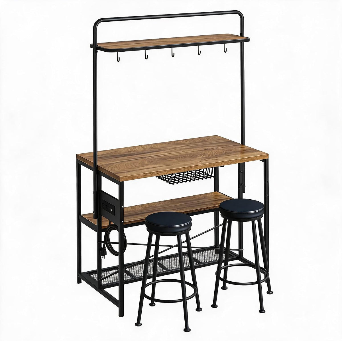 Kitchen Microwave Stand Coffee Bar Table with Storage, Natural | Small Kitchen Island with Power Outlet, 2 Bar Stools ＆ 5 Hooks, adjustable Industrial Bakers Rack for Apartment Dining Room