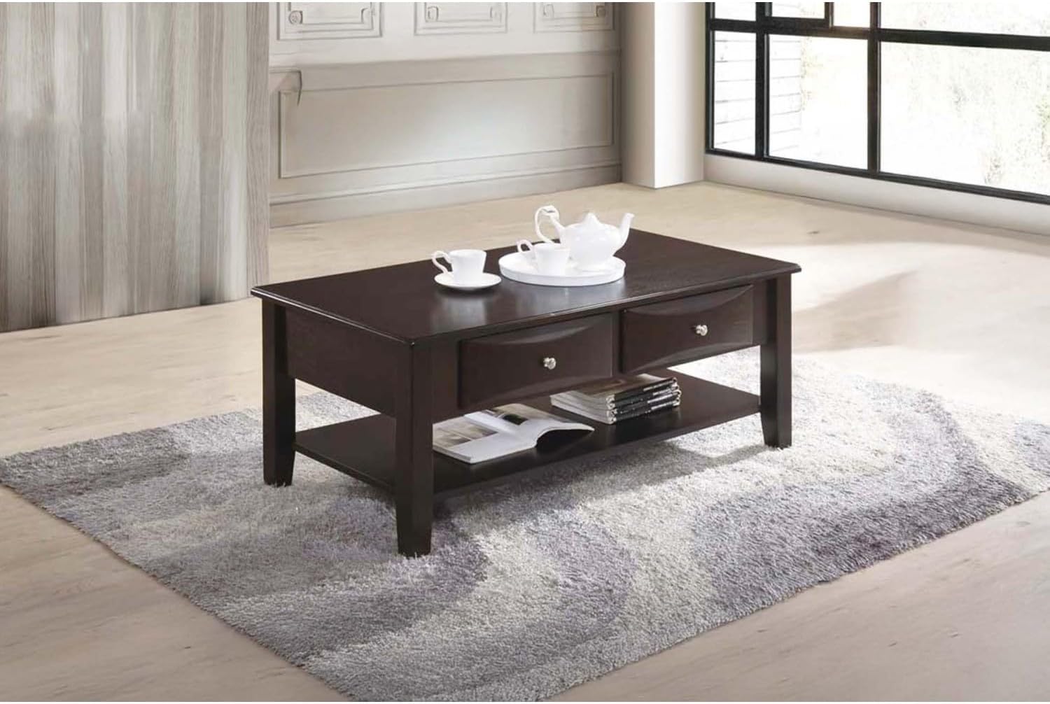 4pc Occasional Tables Set Living Room Coffee and Console Table 2X End Tables Wooden Classic Drawers Open Storage Shelf Base