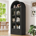 75" Tall Arched Kitchen Pantry Cabinet w Load-Bearing Steel Pipe,Modern Farmhouse Kitchens Storage Cabinet with Drawer and Glass Doors,Tall Arched Bookcase,Pantry Organizer(Woodgrain Black)