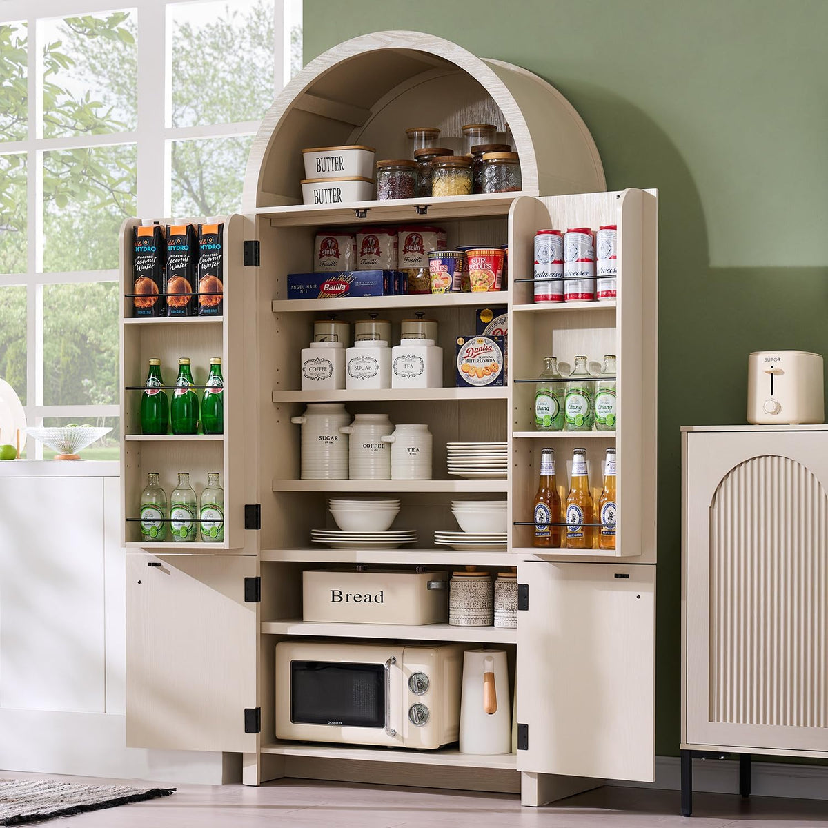 IFGET 71" Tall Arched Kitchen Pantry, Modern Fluted Wood Storage Cabinet with Doors, 3 Adjustable Shelves, 6 Door Shelves, Organizer, Versatile Cupboard for Kitchen, Bathroom, Cream