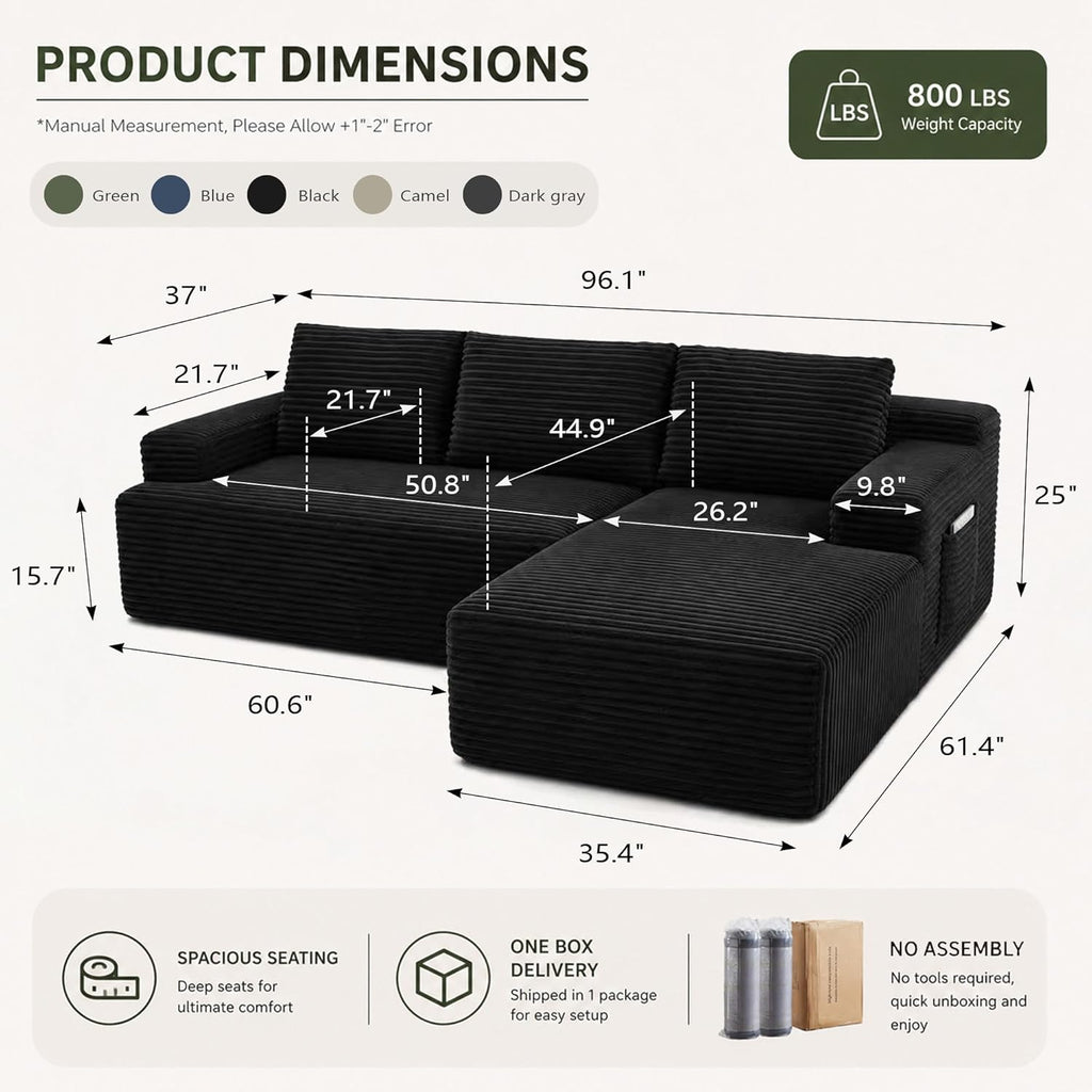 Couch Comfy Sectional Couches for Living Room,U Shaped Modular Cloud Couch Sofa, Minimalist Modular Sectional Sofa with Deep Seat (Black, 96" L Shaped with Right Facing Chaise)