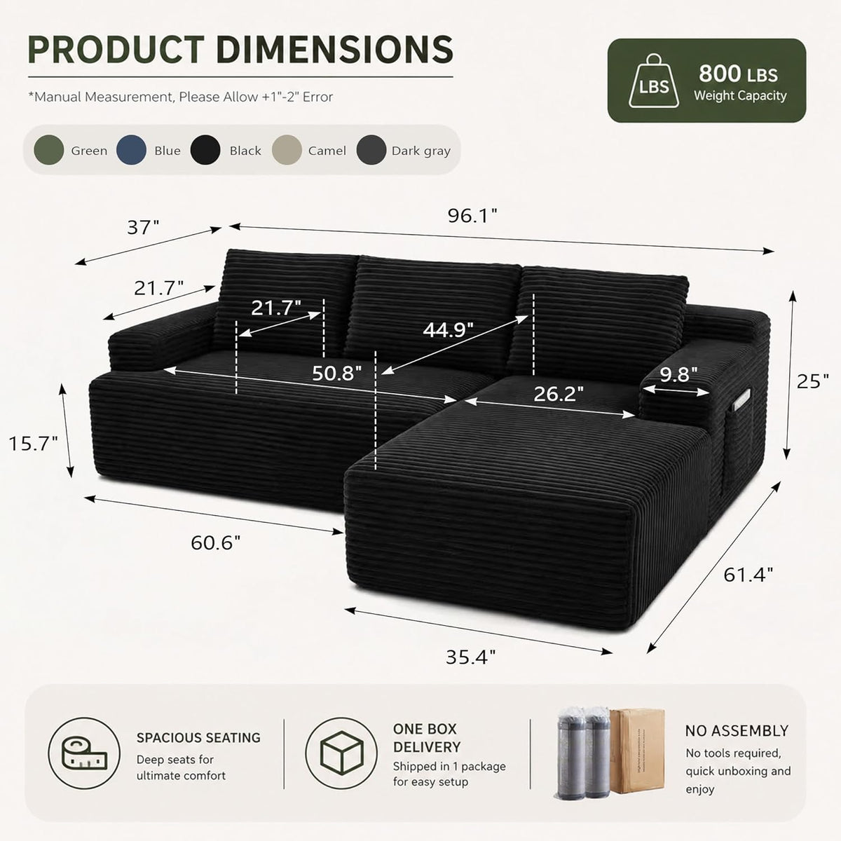 Couch Comfy Sectional Couches for Living Room,U Shaped Modular Cloud Couch Sofa, Minimalist Modular Sectional Sofa with Deep Seat (Black, 96" L Shaped with Right Facing Chaise)