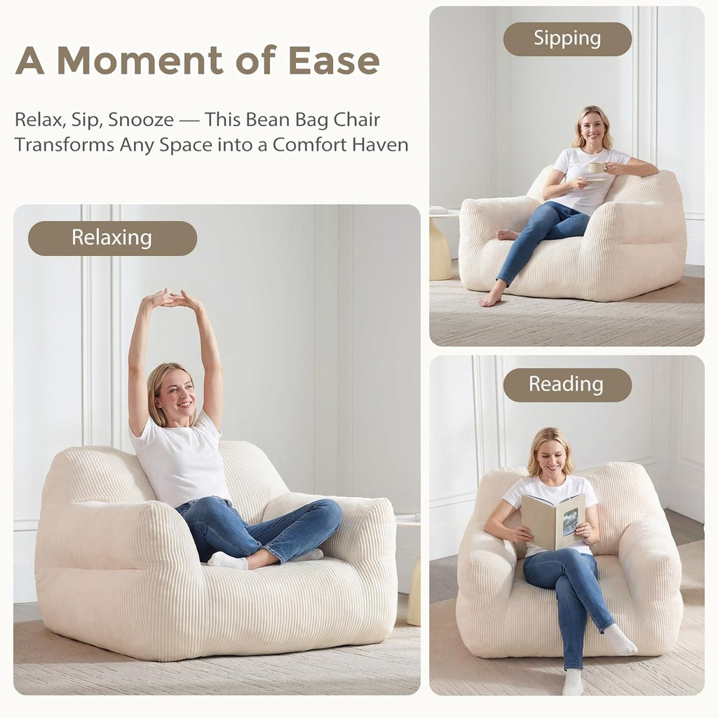 HUGHEAVEN Big Bean Bag Chair for Adults, Giant Oversized Bean Bag Couch, Comfy Reading Chair with Armrests, Soft Cozy Chair for Bedroom, Lounge Sofa for Gaming, Napping & Relaxing, Beige