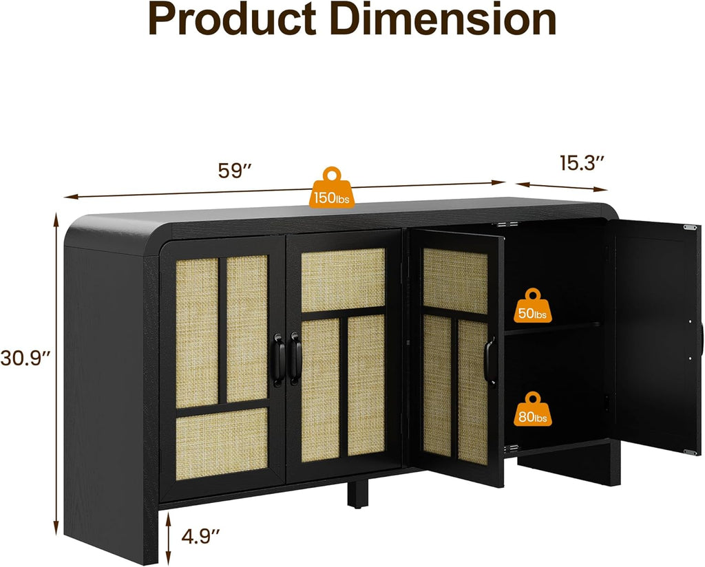 RoyalCraft Buffet Cabinet with Storage Sideboard Accent Farmhouse Credenza with 4 Doors & Shelves Rattan 59" Media Console Boho Coffee Bar Table for Living Room Kitchen Dining Room Hallway