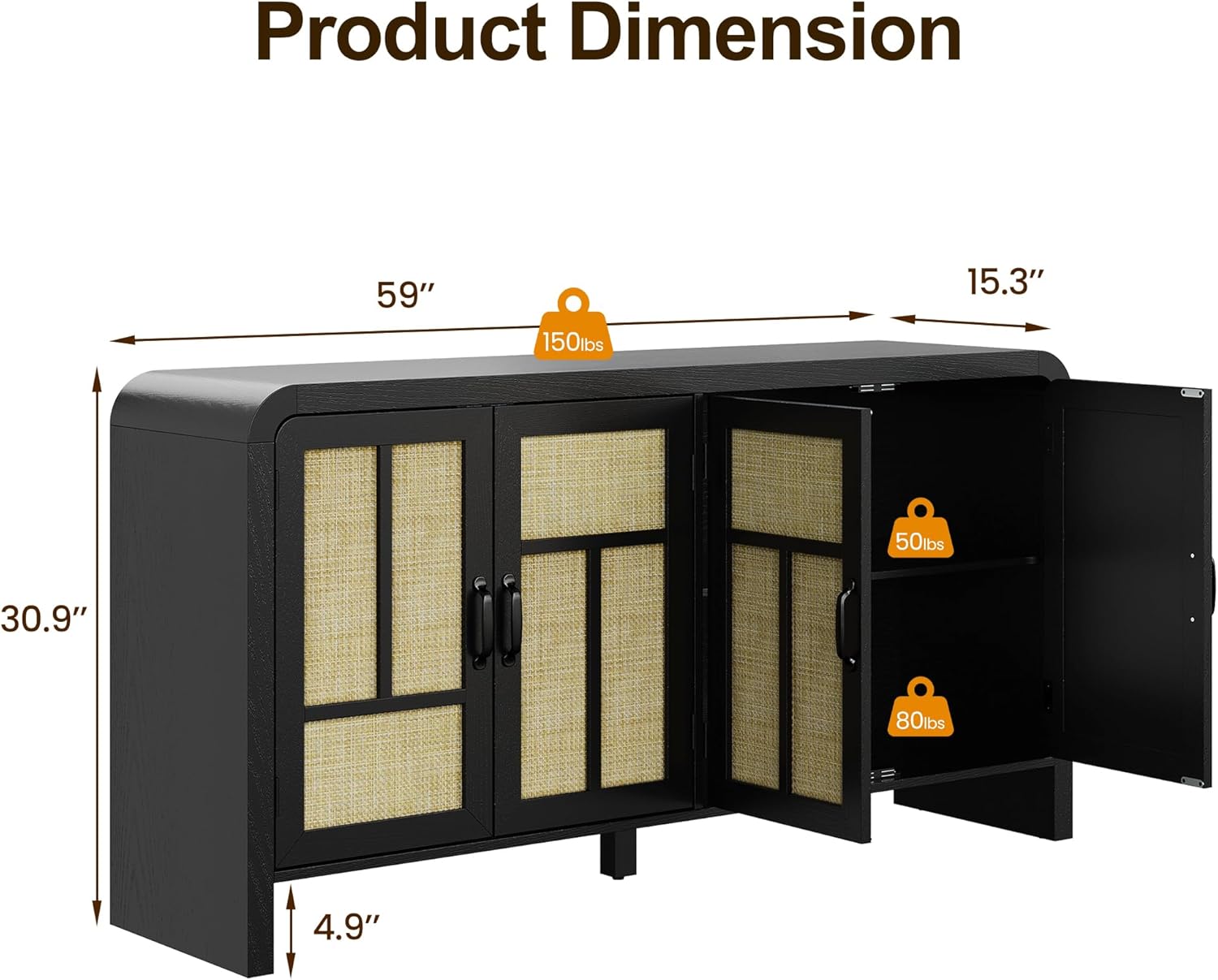 RoyalCraft Buffet Cabinet with Storage Sideboard Accent Farmhouse Credenza with 4 Doors & Shelves Rattan 59" Media Console Boho Coffee Bar Table for Living Room Kitchen Dining Room Hallway