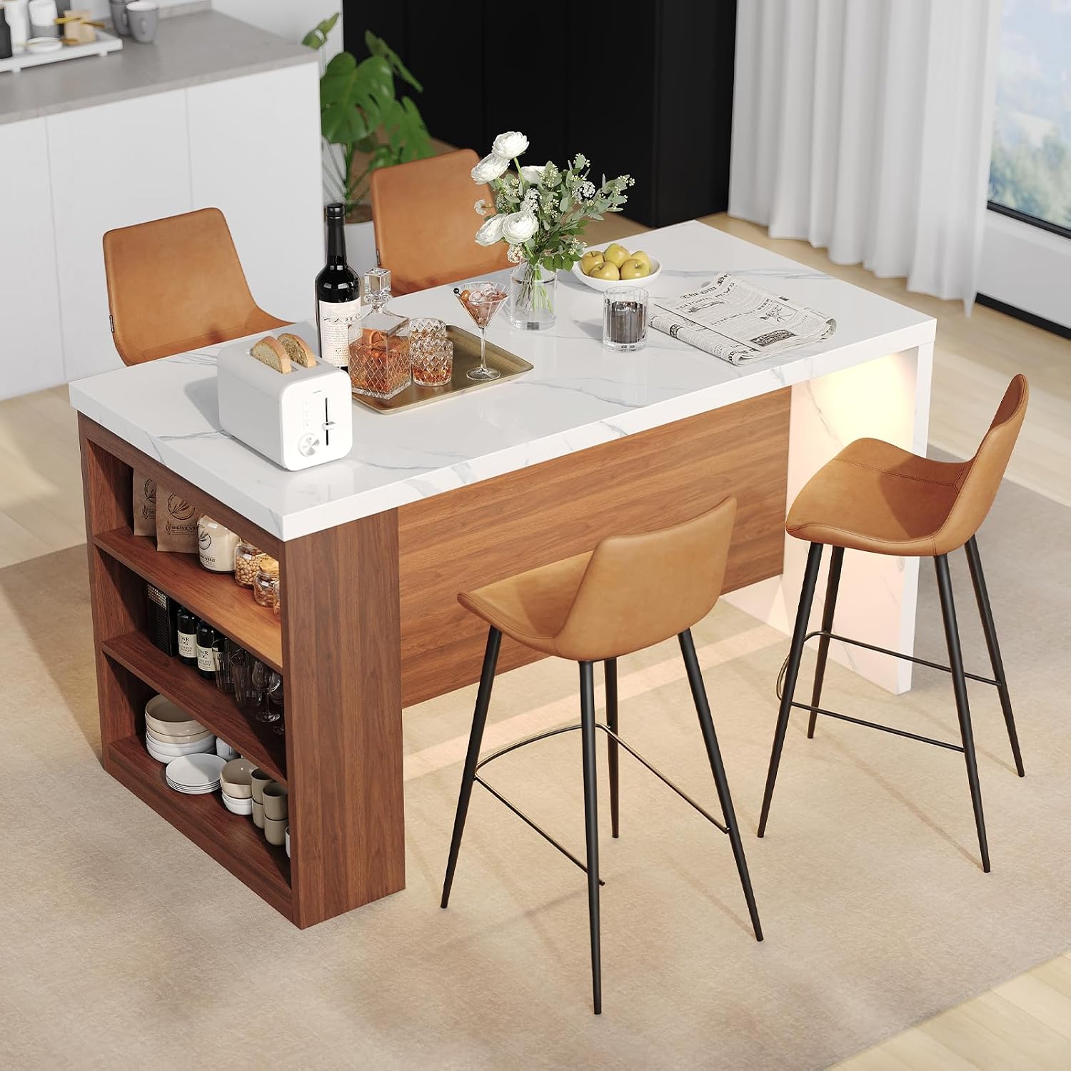61" Kitchen Island Table with Storage, Counter Height Dining Table, Walnut | with Power Outlets, LED Lights, 3-Tier Side Storage, Faux Marble Top, Modern Stationary Kitchen Storage Islands for 4 Seats