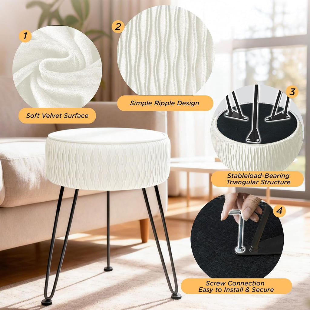Velvet Vanity Stool Footrests, Round Ottoman Vanity Chairs with Anti-Slip Feet, Dressing Table Seat Foot Stool with Black Legs, Furry Padded Seat Side Table for Makeup Bedroom, White