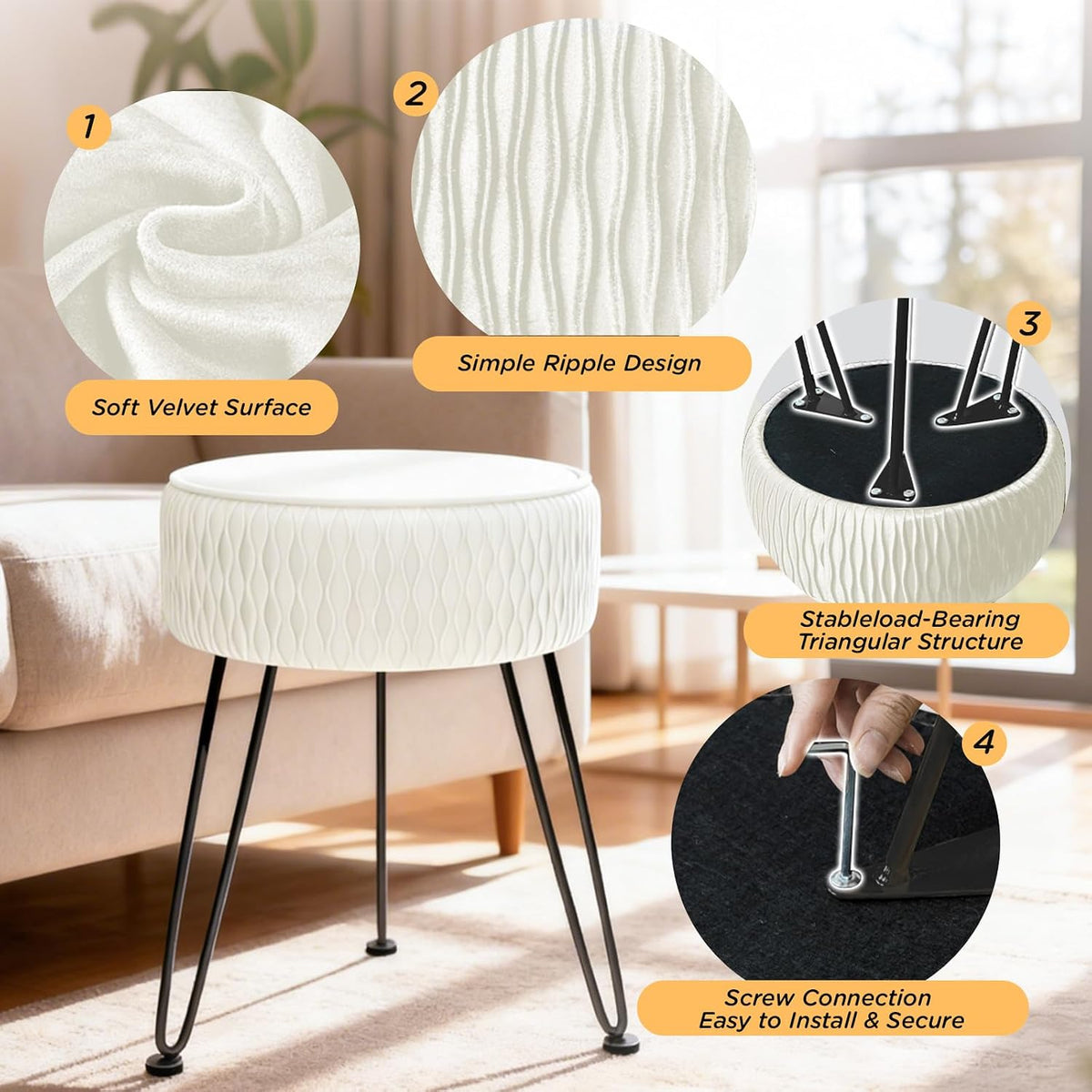 Velvet Vanity Stool Footrests, Round Ottoman Vanity Chairs with Anti-Slip Feet, Dressing Table Seat Foot Stool with Black Legs, Furry Padded Seat Side Table for Makeup Bedroom, White