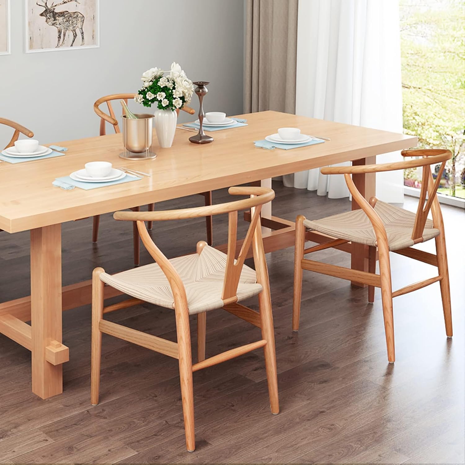 Polynices Wishbone Chair, Weave Modern Solid Wood Mid-Century Y Shaped Backrest Dining Chair (Natural)