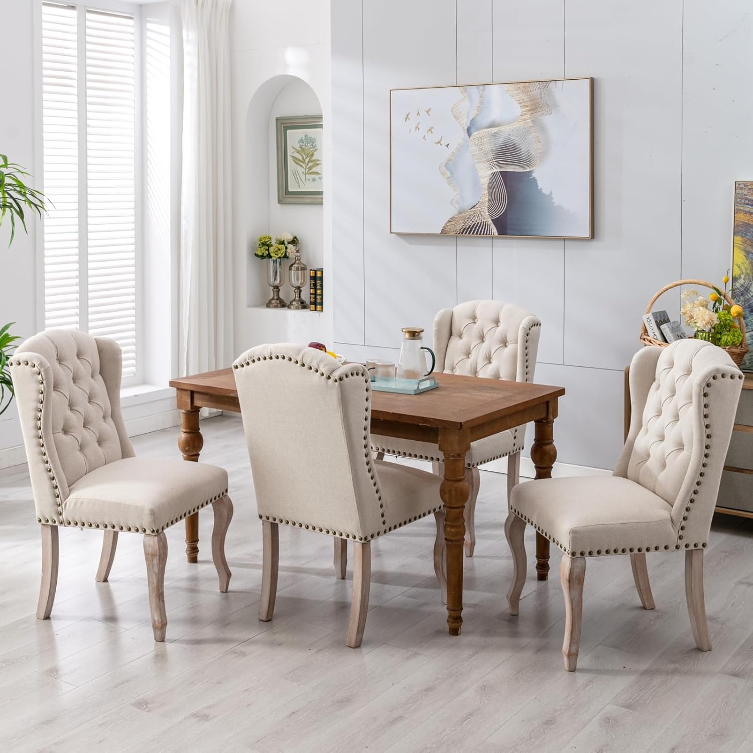 chairus Tufted Parsons Dining Chairs Set of 6, French Country Upholstered Dining Room Chairs with Nailhead Trim & Curved Wood Legs, Farmhouse High Back Armless Side Kitchen Chairs, Beige Linen