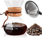 Pour Over Coffee Maker 400ml with 304 Stainless Steel Filter and Wooden Collar Holder Borosilicate Glass Drip Coffeemaker Server Set Clear Hand Brew Dripper Carafe for Home Camping Travel 13.5oz